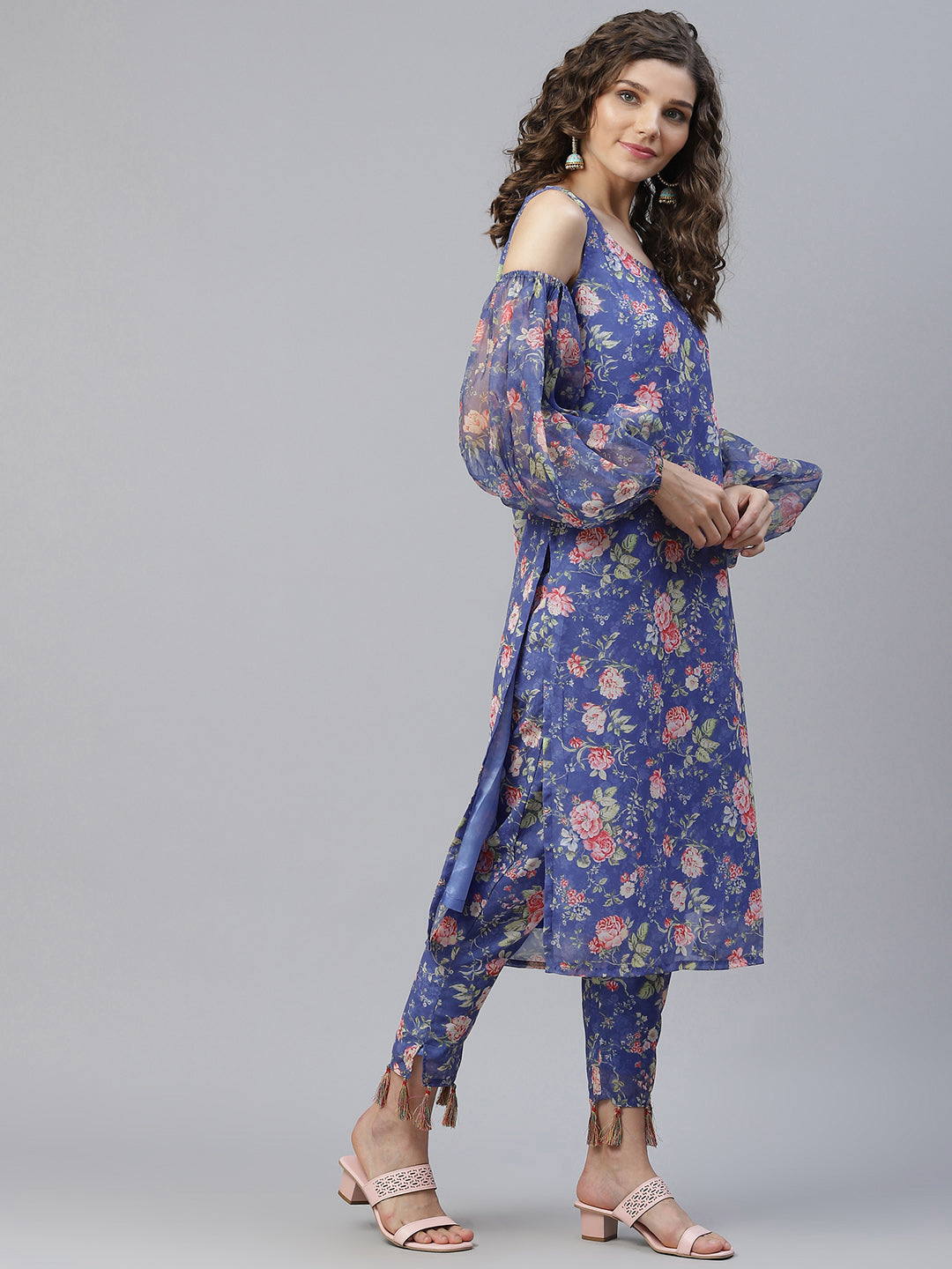 Women's Blue Floral Print Kurta With Pant