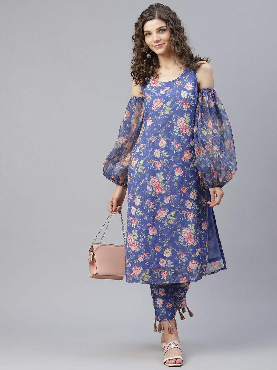 Women's Blue Floral Print Kurta With Pant