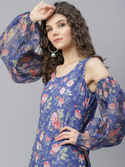 Women's Blue Floral Print Kurta With Pant