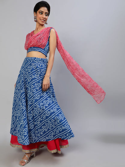 Women's Blue Bandhani Print Lehenga Choli With Attached Dupatta