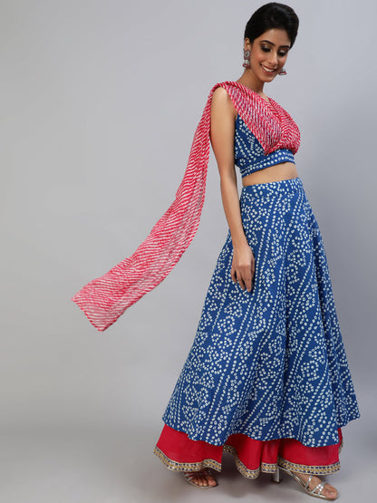 Women's Blue Bandhani Print Lehenga Choli With Attached Dupatta