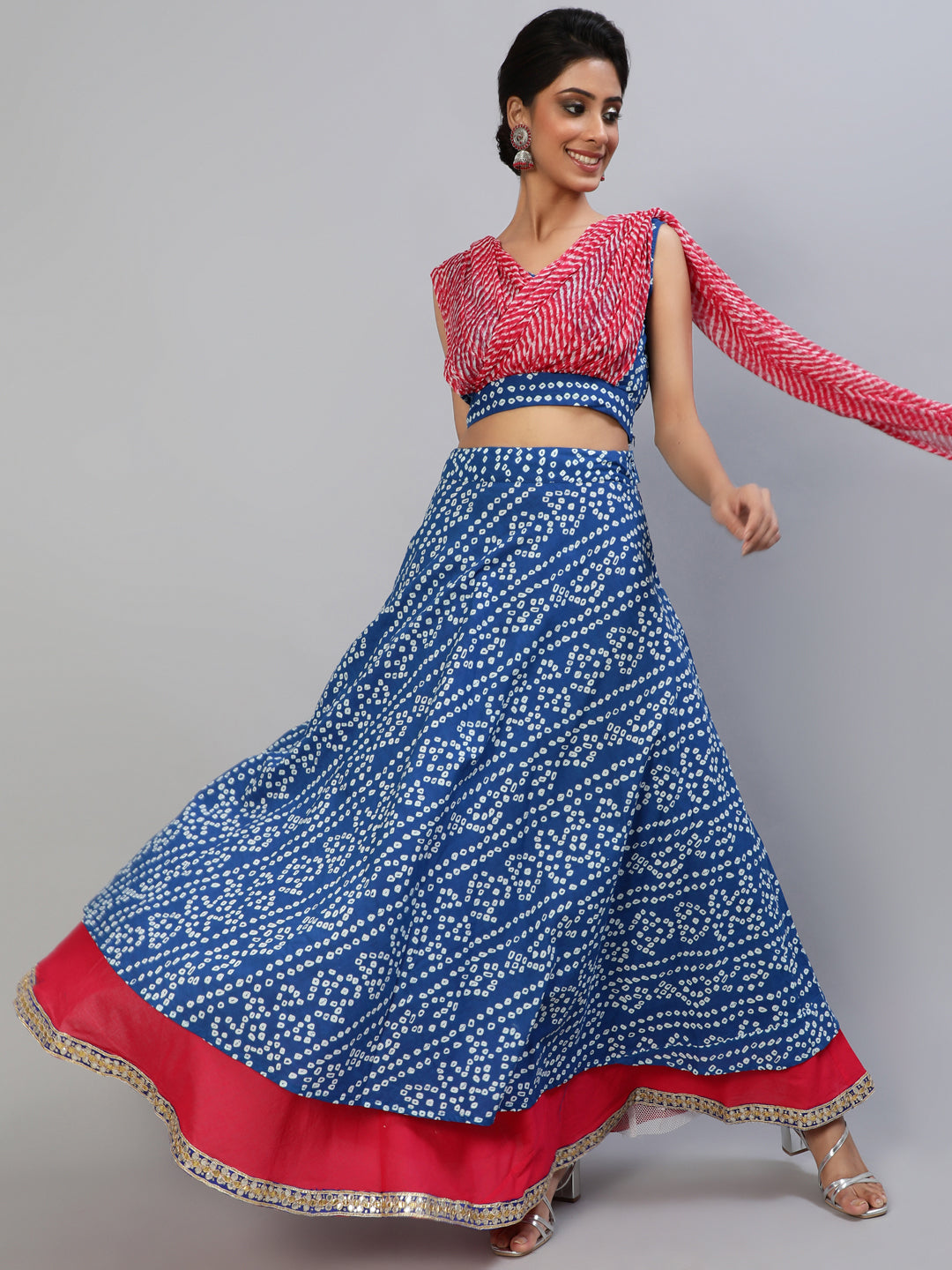 Women's Blue Bandhani Print Lehenga Choli With Attached Dupatta