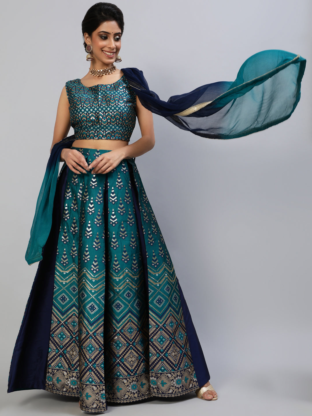 Women's Teal Blue Gold Zari Work Lehenga Choli With Dupatta