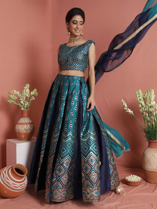 Women's Teal Blue Gold Zari Work Lehenga Choli With Dupatta