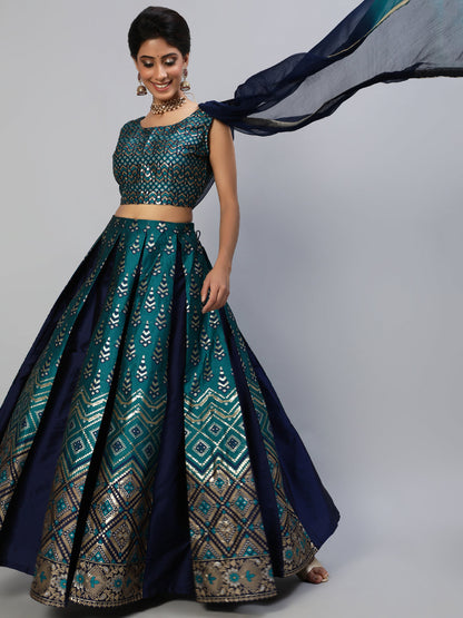 Women's Teal Blue Gold Zari Work Lehenga Choli With Dupatta