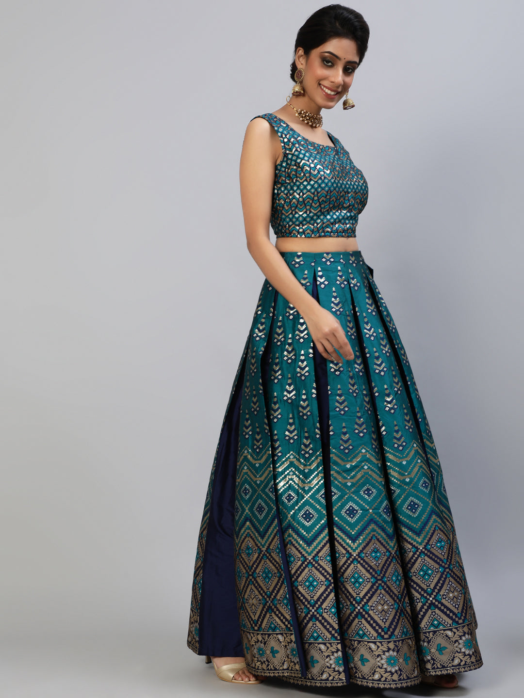 Women's Teal Blue Gold Zari Work Lehenga Choli With Dupatta