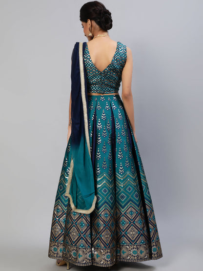 Women's Teal Blue Gold Zari Work Lehenga Choli With Dupatta