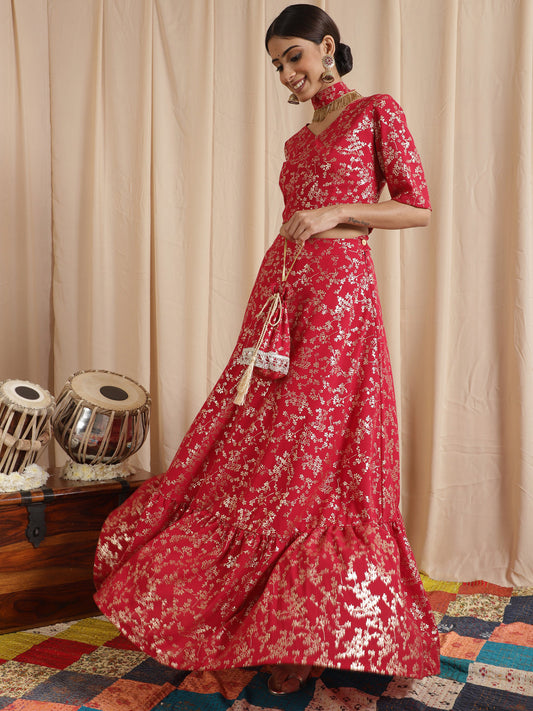 Women's Red Floral Printed Lehenga Choli With Potali Bag & Necklace