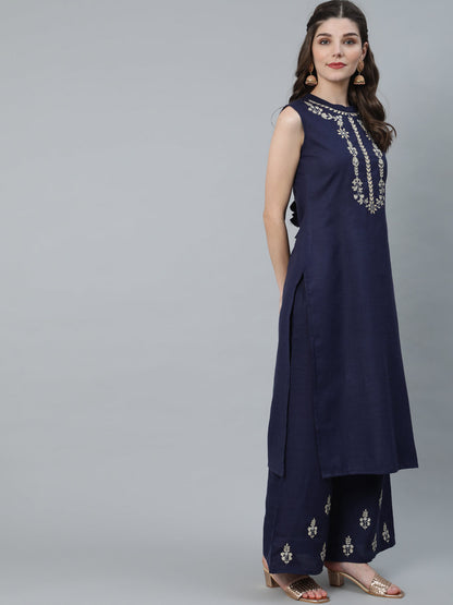 Women's Navy Blue Embroidered Kurta With Palazzo