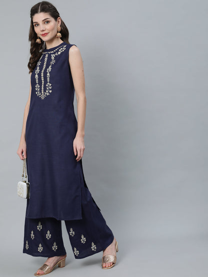 Women's Navy Blue Embroidered Kurta With Palazzo