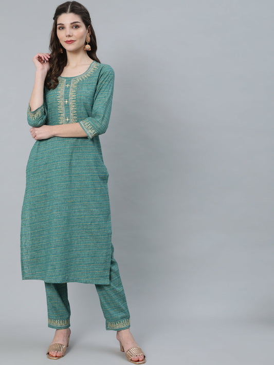 Women's Pastel Blue Striped Embroidered Kurta With Pant