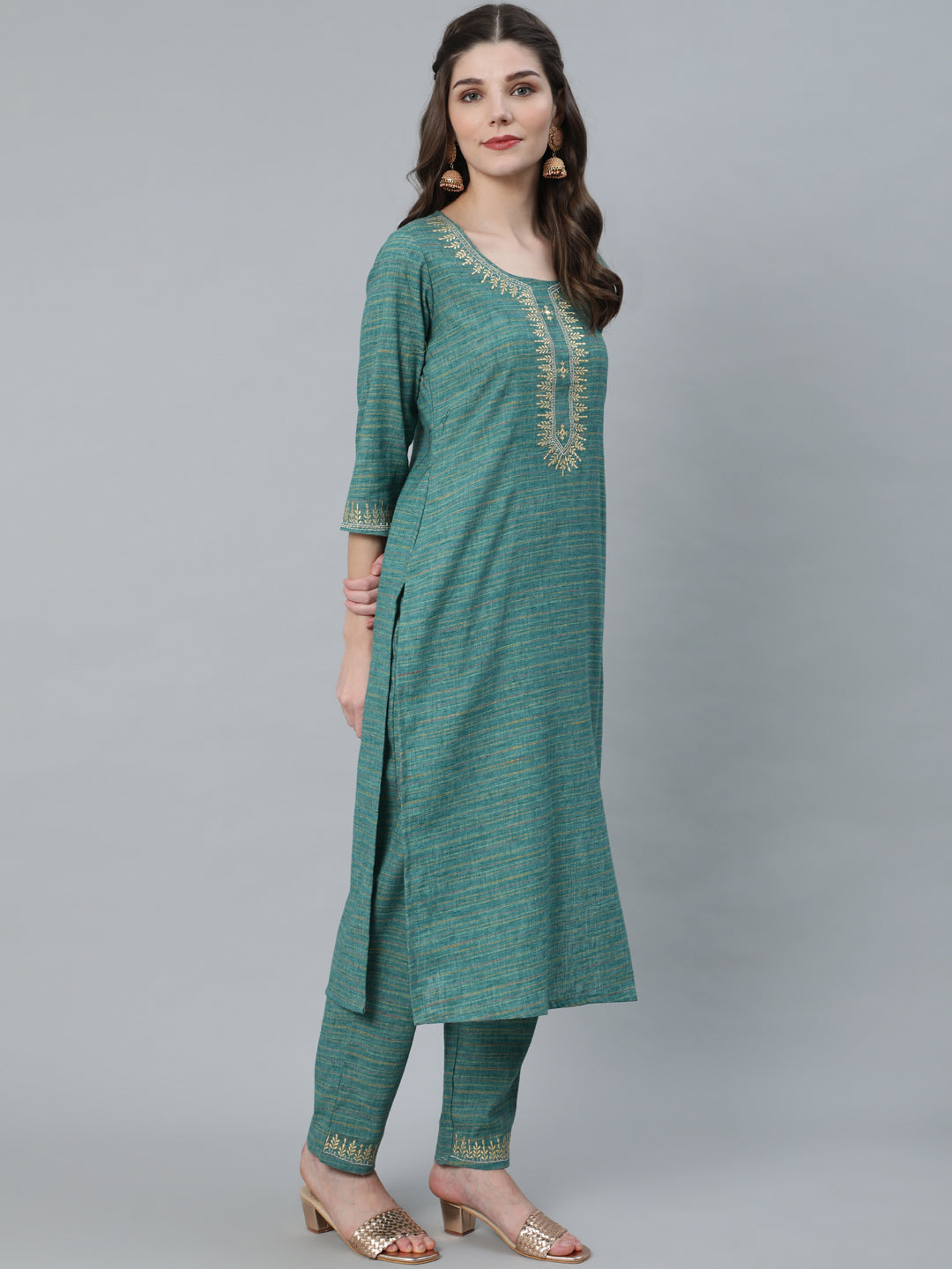 Women's Pastel Blue Striped Embroidered Kurta With Pant