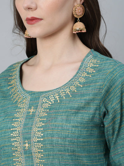 Women's Pastel Blue Striped Embroidered Kurta With Pant