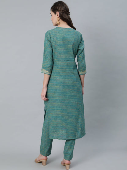 Women's Pastel Blue Striped Embroidered Kurta With Pant