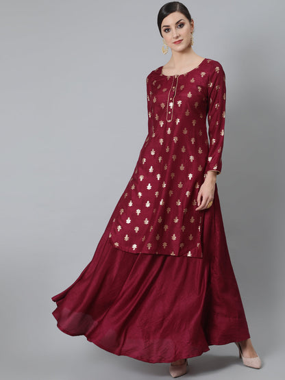 Women's Burgundy Foil Print Kurta With Skirt