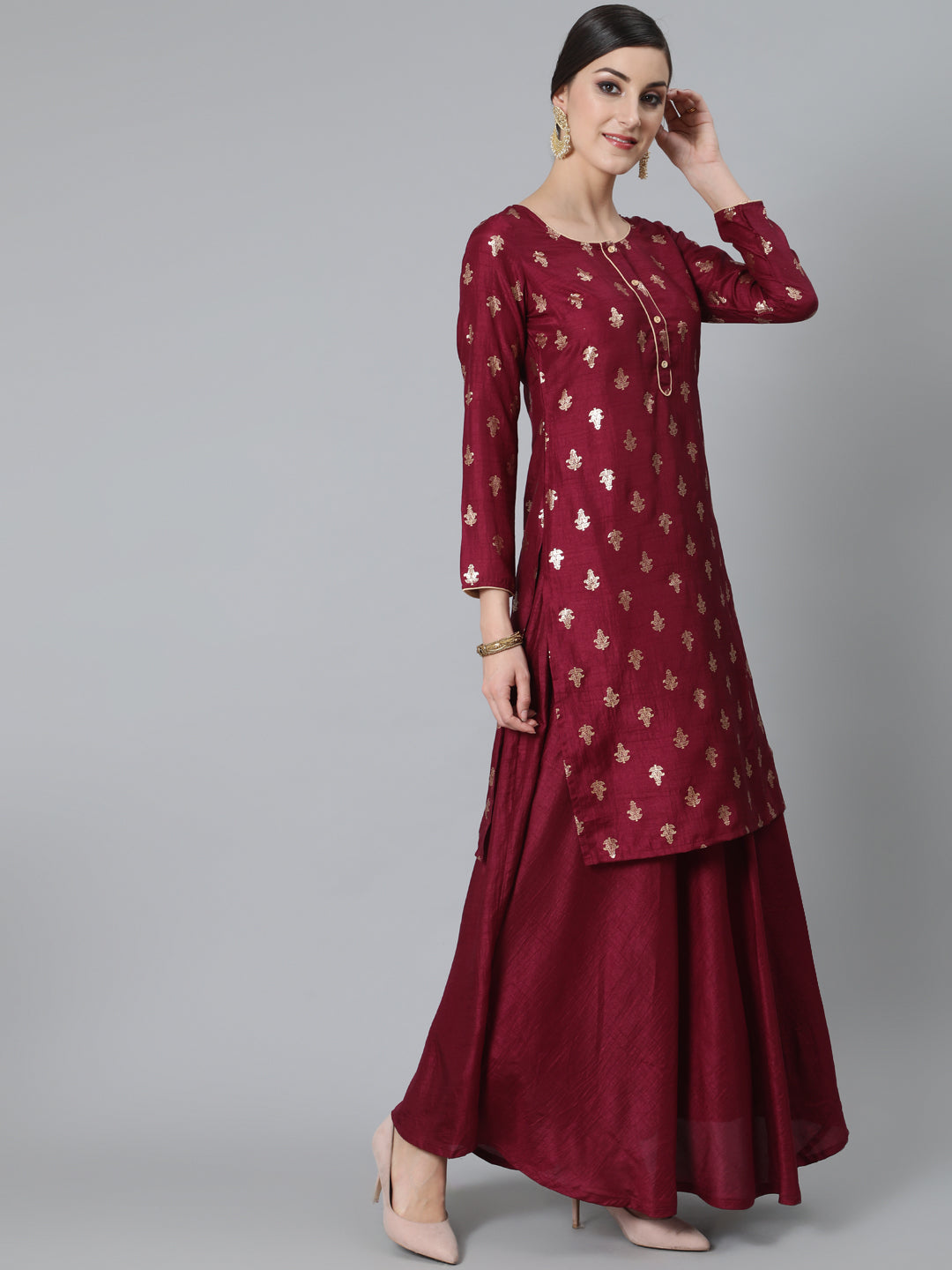 Women's Burgundy Foil Print Kurta With Skirt