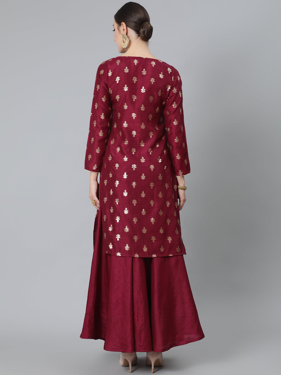 Women's Burgundy Foil Print Kurta With Skirt