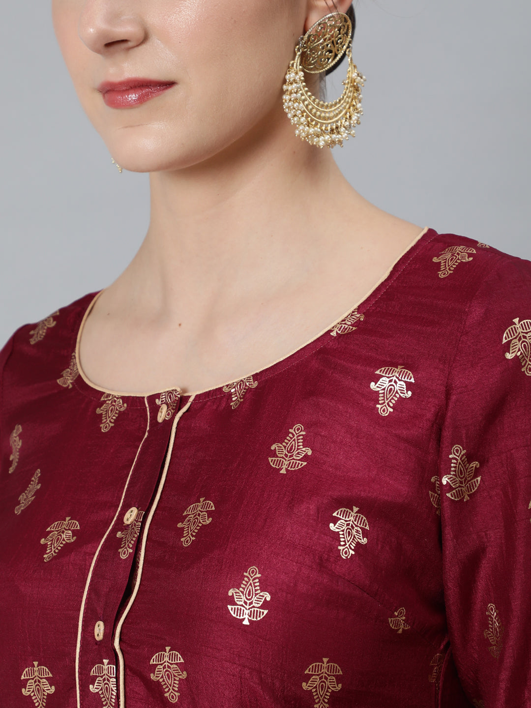 Women's Burgundy Foil Print Kurta With Skirt