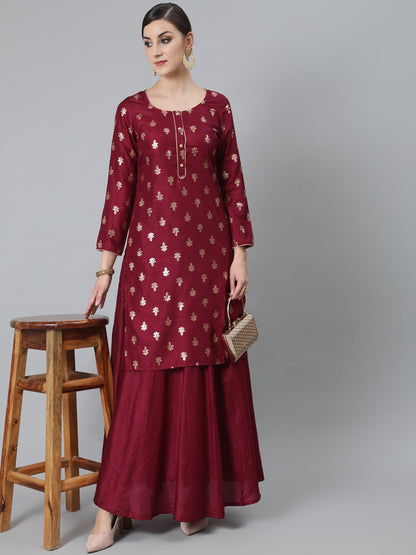 Women's Burgundy Foil Print Kurta With Skirt