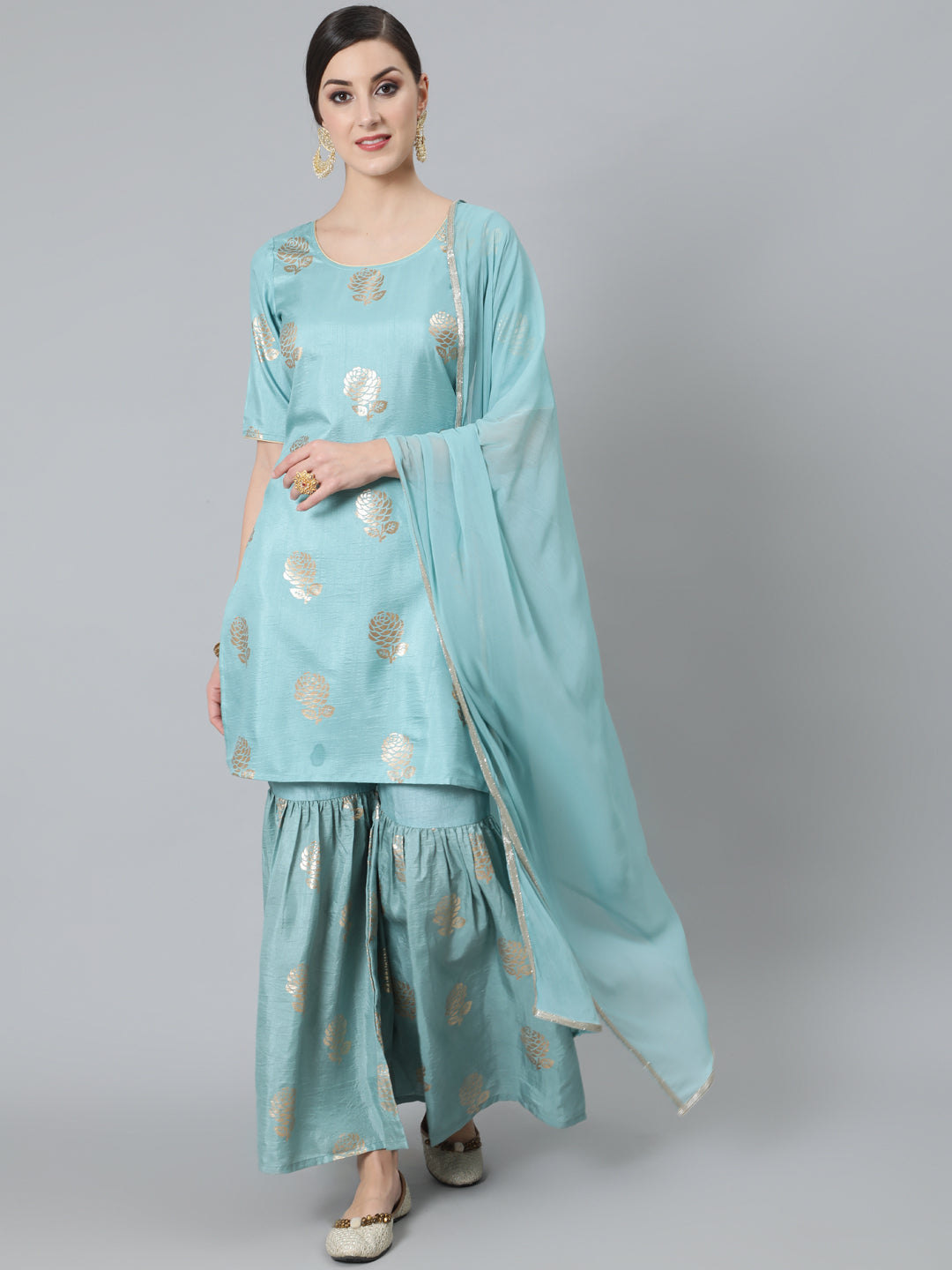 Women's Blue Foil Print Kurta Sharara With Dupatta