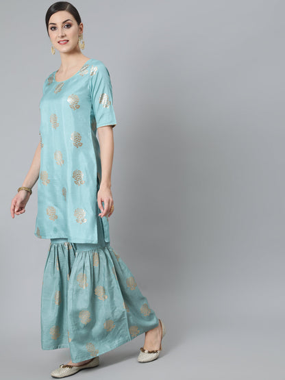 Women's Blue Foil Print Kurta Sharara With Dupatta