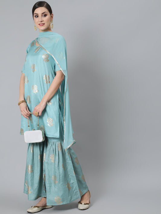 Women's Blue Foil Print Kurta Sharara With Dupatta