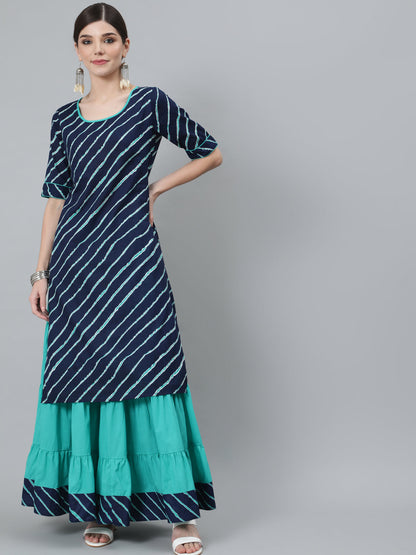 Women's Blue Leheriya Print Kurta With Tiered Skirt