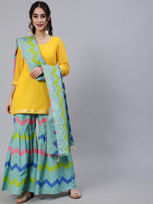 Women's Yellow Leheriya Print Kurta Sharara With Dupatta