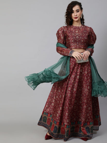 Women's Burgundy Floral Print Lehenga Choli With Dupatta