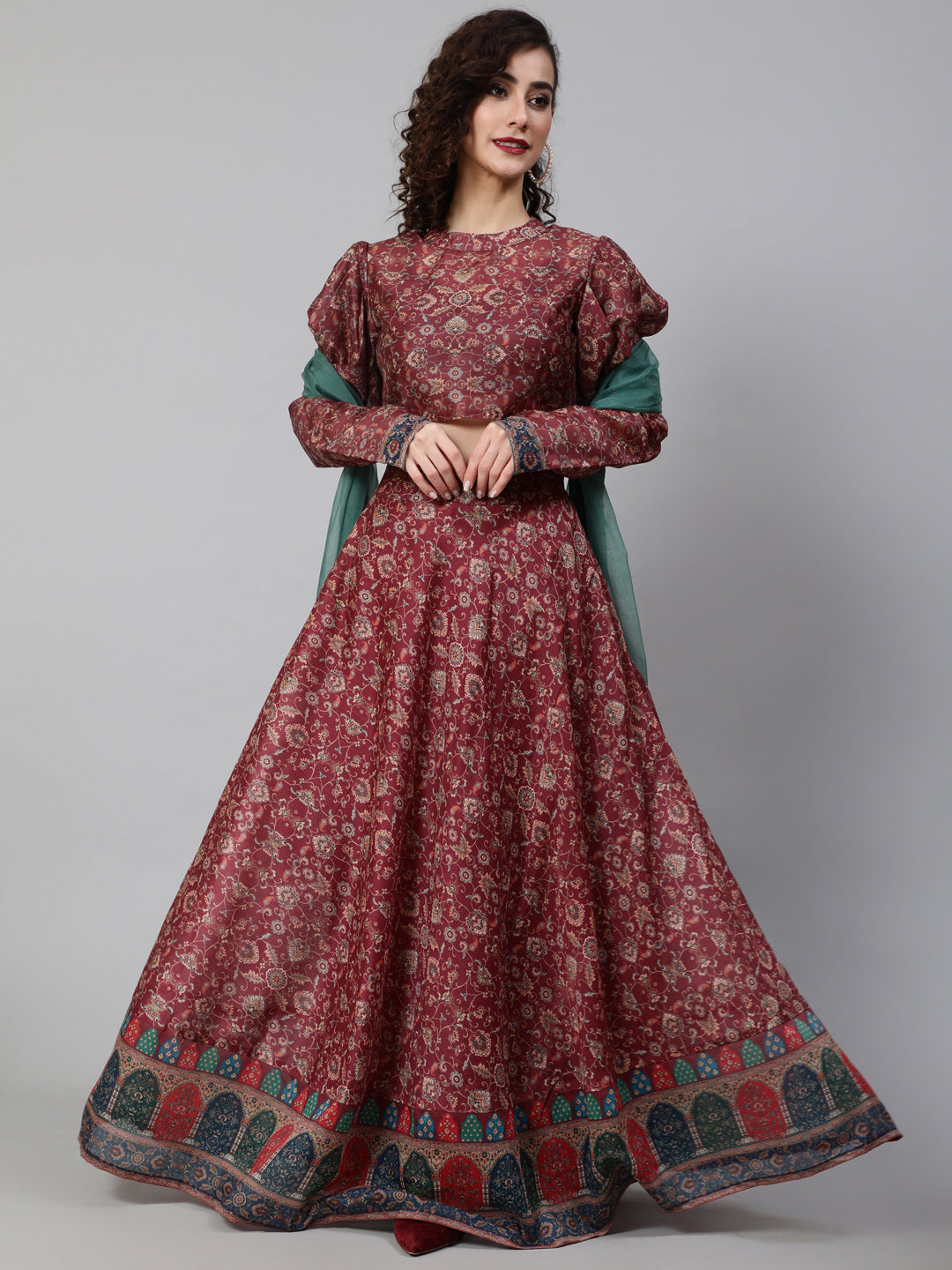 Women's Burgundy Floral Print Lehenga Choli With Dupatta