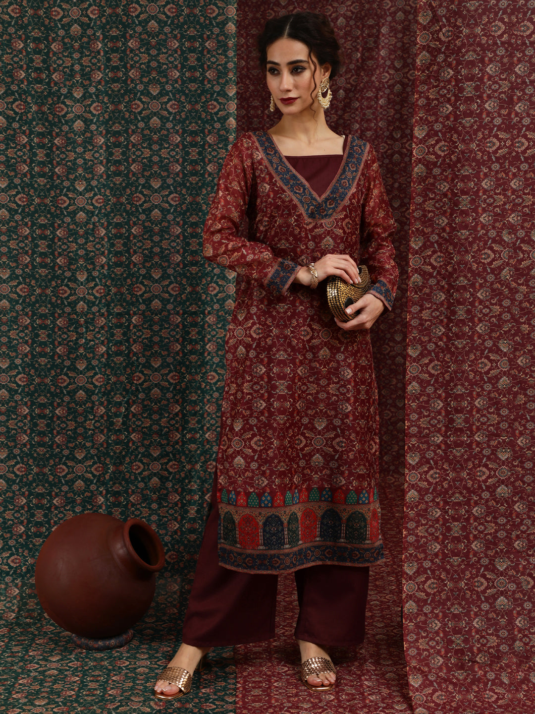 Women's Burgundy Floral Print Kurta Palazzo With Top