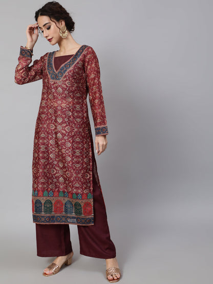 Women's Burgundy Floral Print Kurta Palazzo With Top