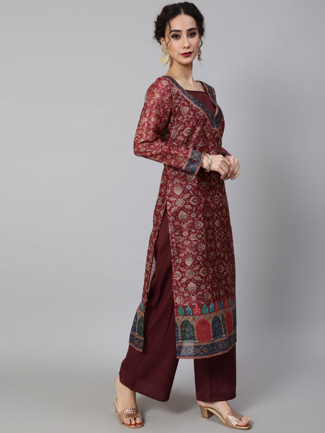 Women's Burgundy Floral Print Kurta Palazzo With Top