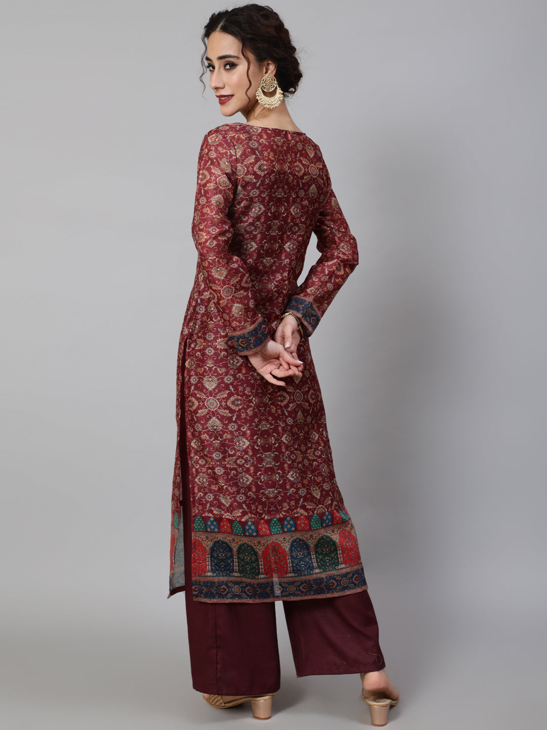 Women's Burgundy Floral Print Kurta Palazzo With Top