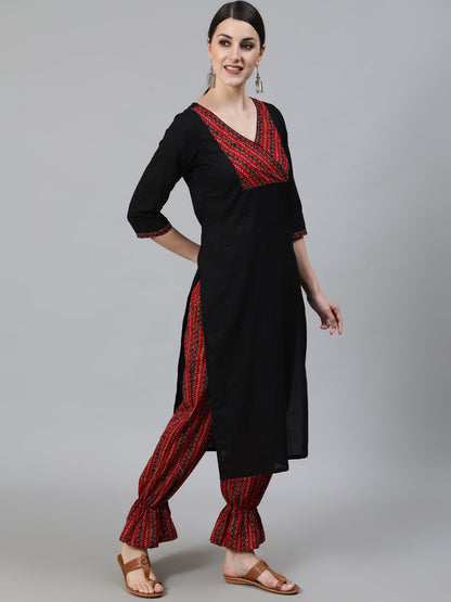 Women's Black Chevron Print Cotton Kurta With Balloon Palazzo