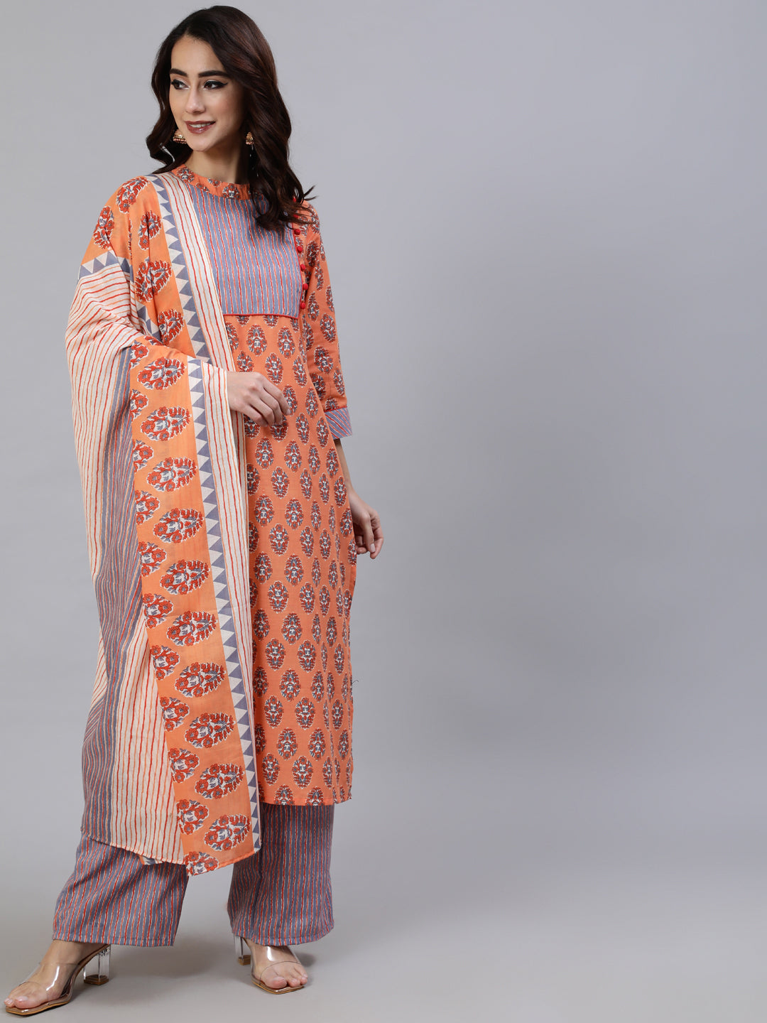 Women's Orange Floral Print Kurta Palazzo With Dupatta