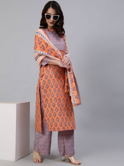 Women's Orange Floral Print Kurta Palazzo With Dupatta