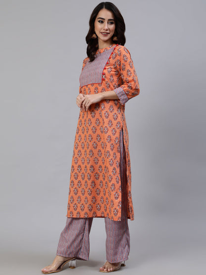 Women's Orange Floral Print Kurta Palazzo With Dupatta