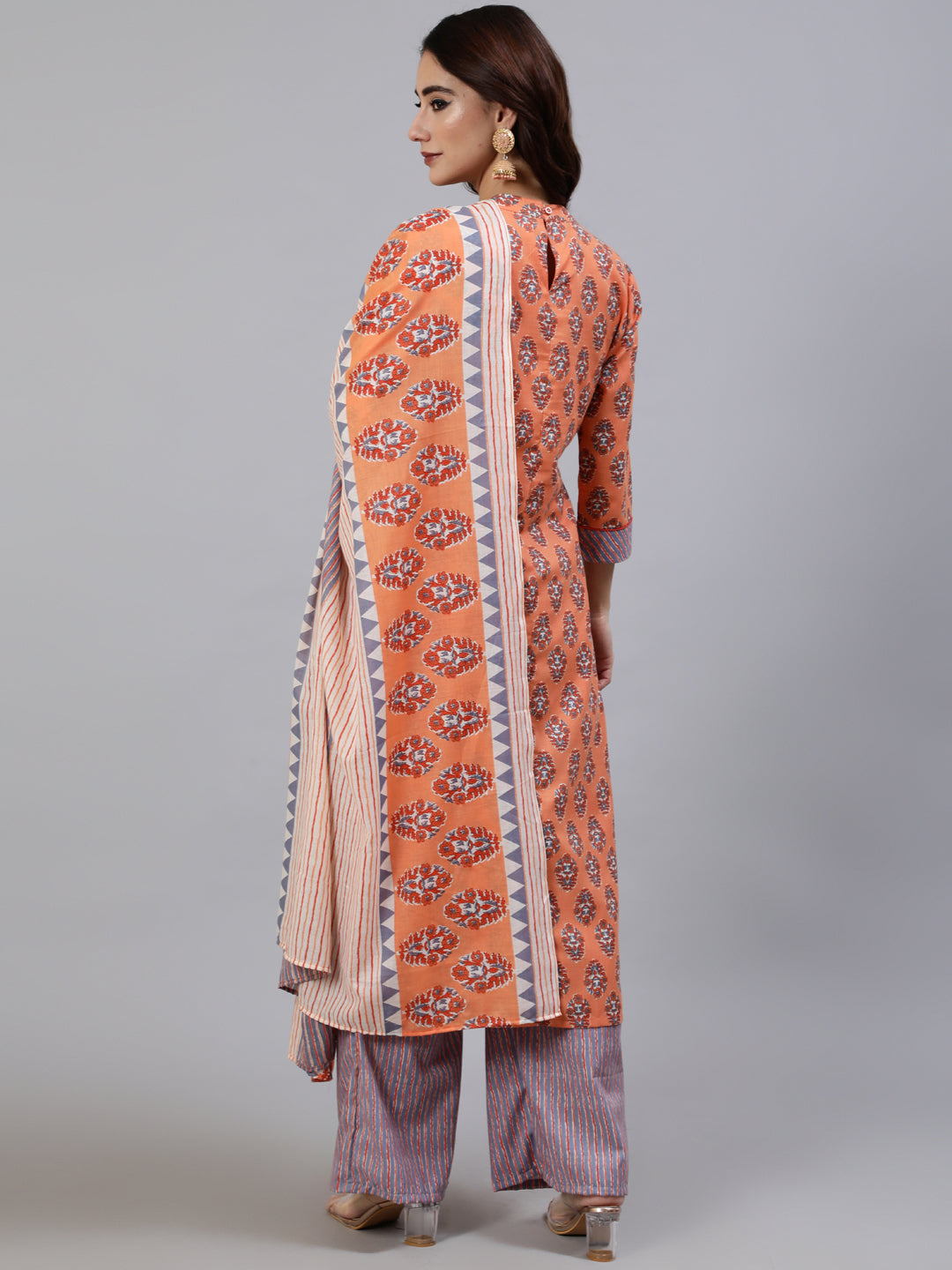 Women's Orange Floral Print Kurta Palazzo With Dupatta