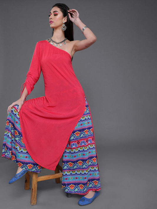 Women's Pink Kurta With Printed Palazzo