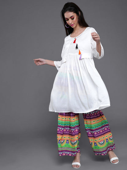 Women's White Kurta With Printed Sharara