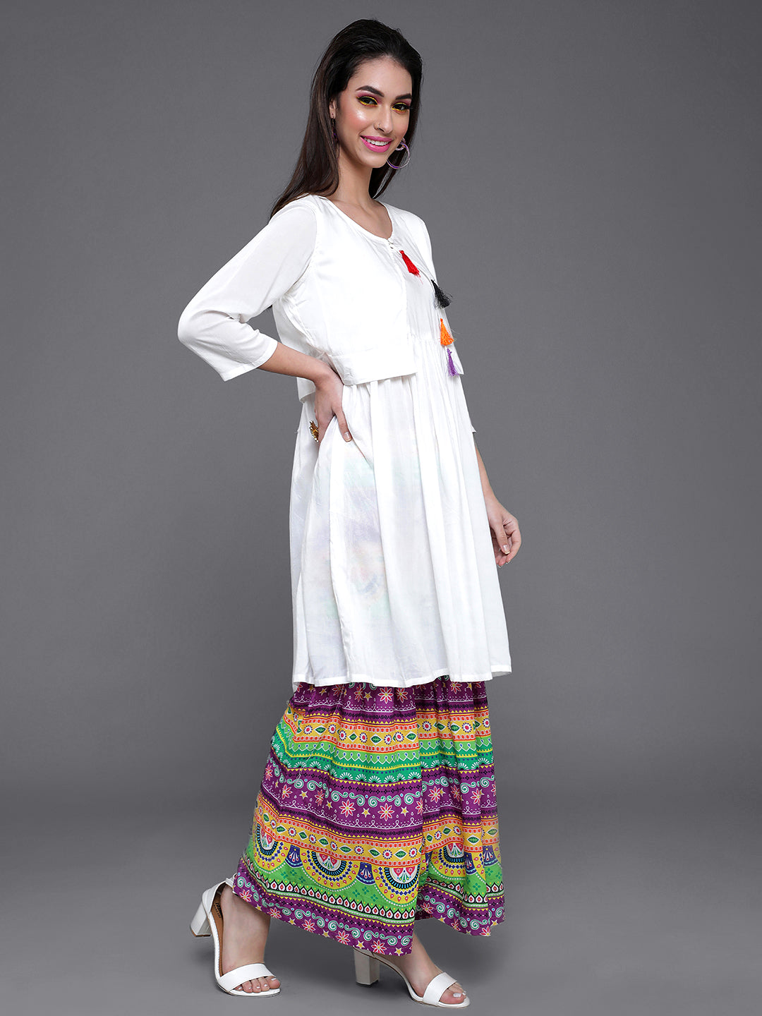 Women's White Kurta With Printed Sharara