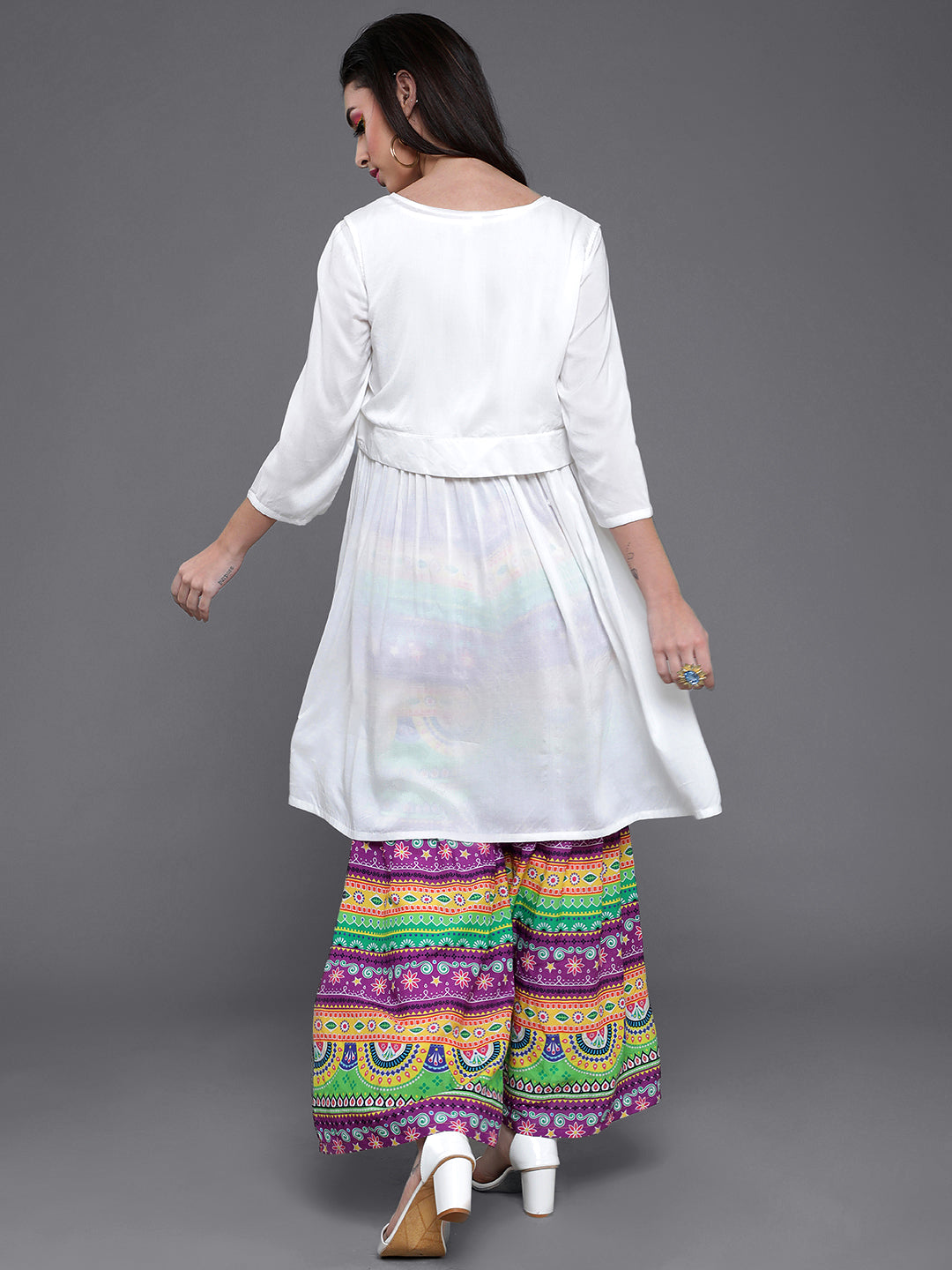 Women's White Kurta With Printed Sharara