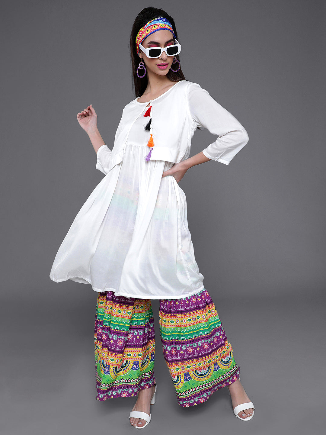 Women's White Kurta With Printed Sharara