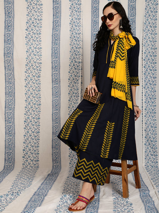 Women's Navy Blue Kurta Palazzo With Dupatta