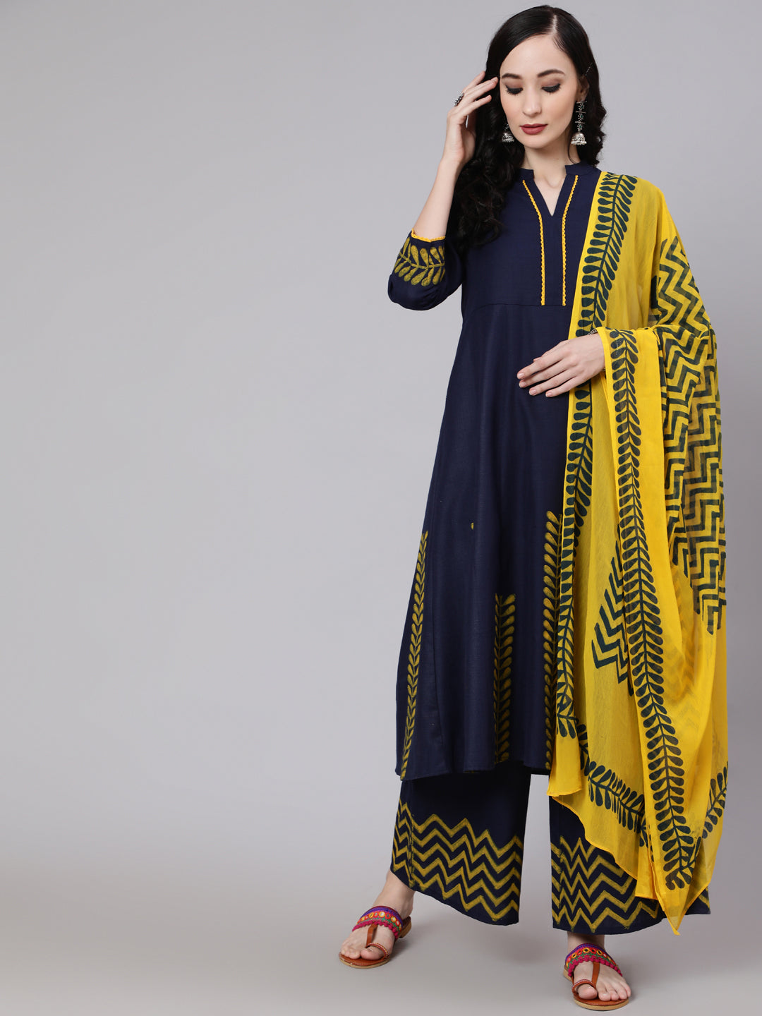 Women's Navy Blue Kurta Palazzo With Dupatta