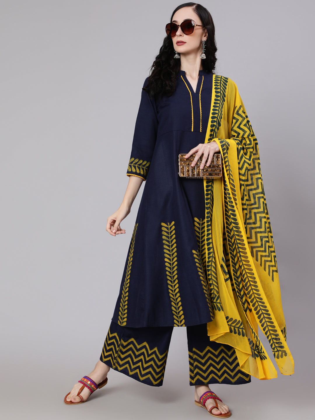 Women's Navy Blue Kurta Palazzo With Dupatta