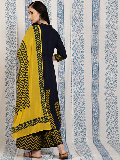 Women's Navy Blue Kurta Palazzo With Dupatta