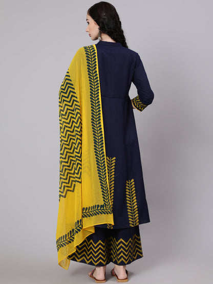 Women's Navy Blue Kurta Palazzo With Dupatta