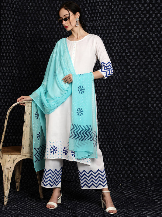 Women's White Block Printed Kurta Palazzo With Dupatta